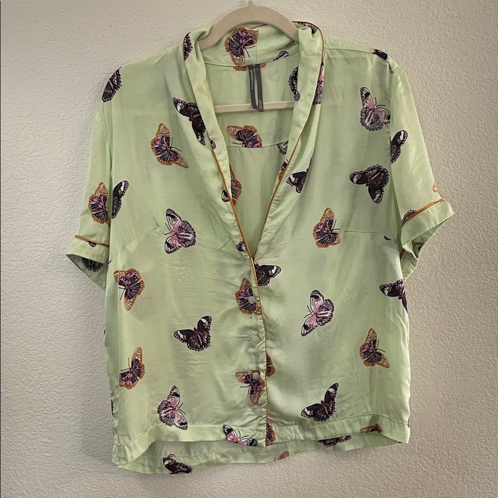 Anthropologie Mint Green Butterfly-Print Short Sleeve Blouse pj top L